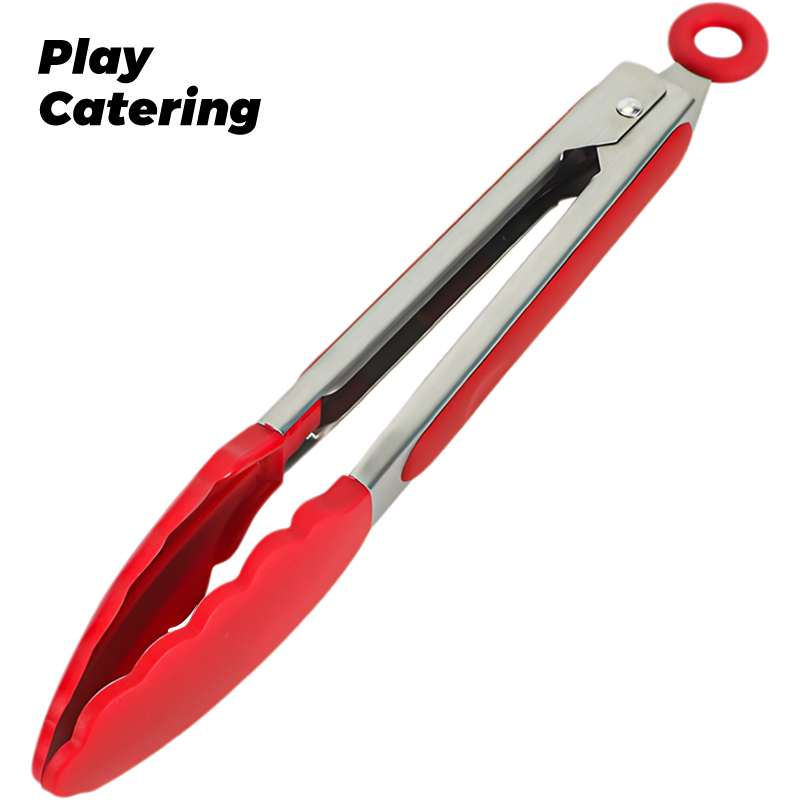 10 5/8" Stainless steel Silicone Tip Tongs with Red Non-Slip Grip Handle